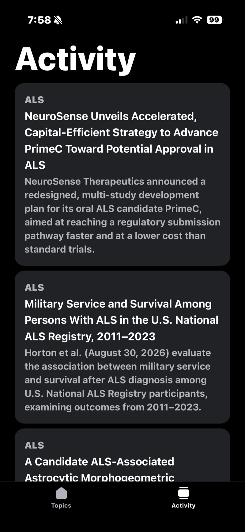 The Activity tab showing a chronological feed of matches across topics, each labelled with the topic it belongs to.