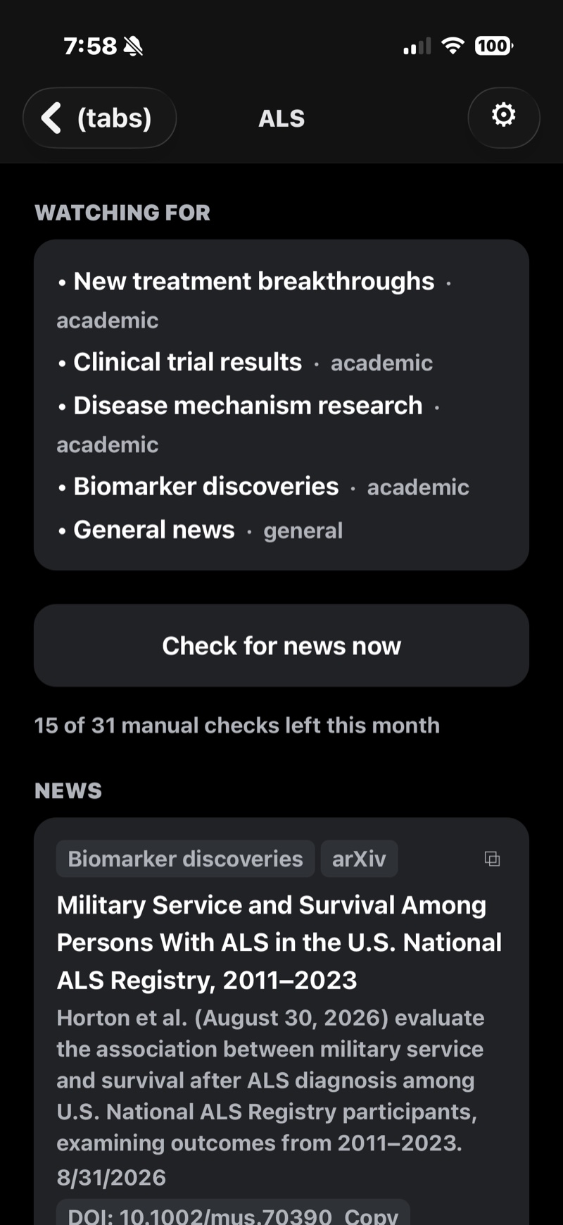 The ALS topic in Notified: a watch list of five categories routed to academic sources, a Check for news now button, and a matched paper from the National ALS Registry tagged with its category, source and DOI.