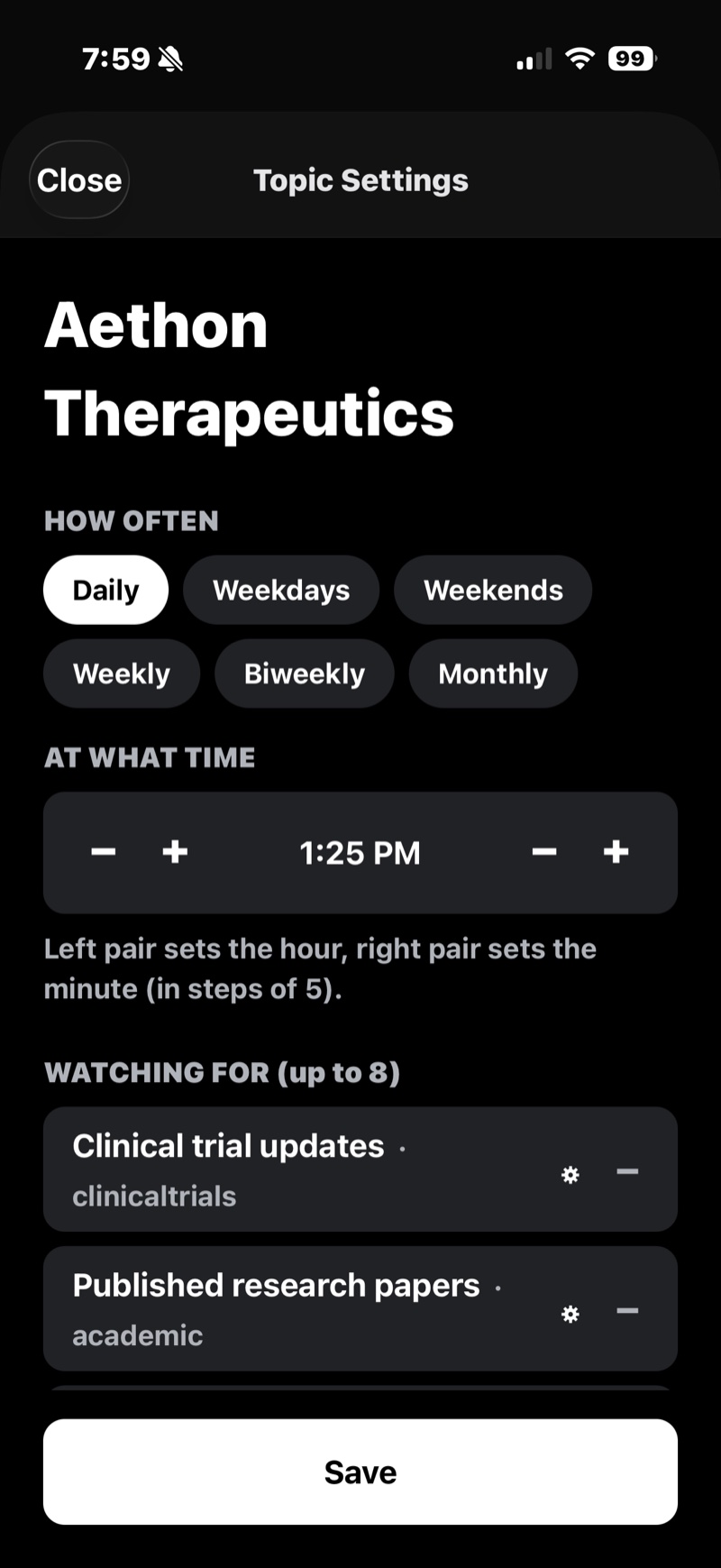 Topic Settings showing frequency options from daily to monthly, a check time, and the watch list with a gear icon on each item.