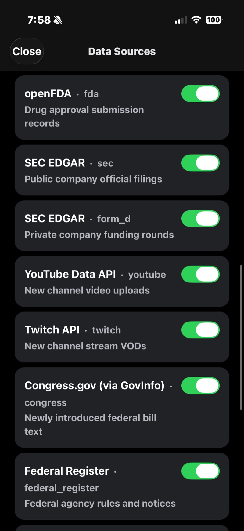 The Data Sources screen listing each database with its tag and a toggle switch, all currently enabled.